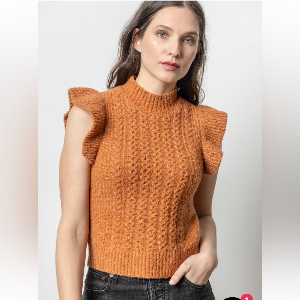 Lilla P Flutter Sleeve Mock Neck Sweater Nutmeg Orange Knit Nwt
